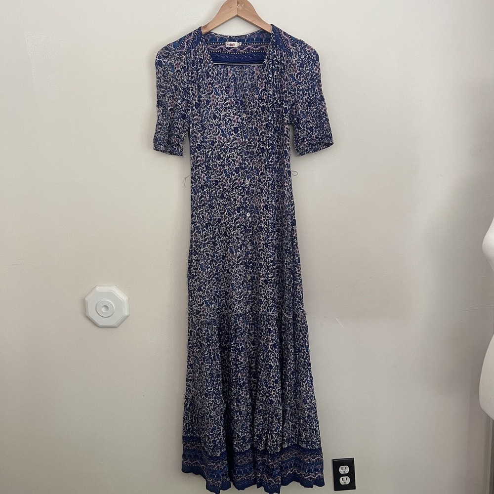 Faherty Orinda India Block Print Organic Cotton Tiered Maxi Dress Floral SZ S